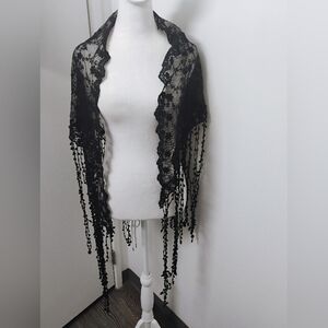 Pat Dahnke Long Fringed Lace Shawl in Black